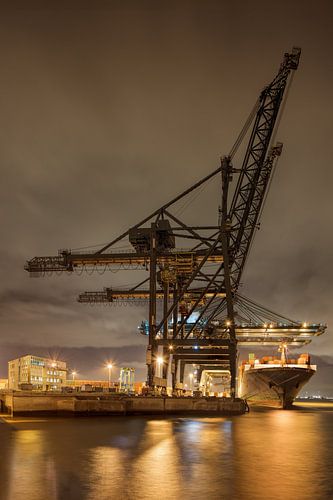 Massieve kraan op verlichte containerterminal