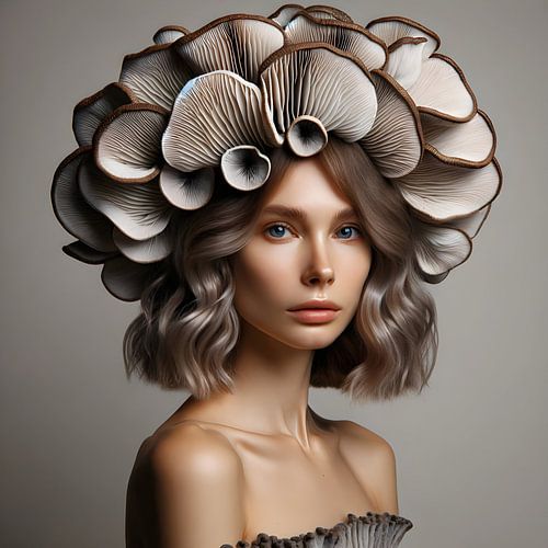 Vrouwelijk model met hoed gemaakt van paddenstoelen
