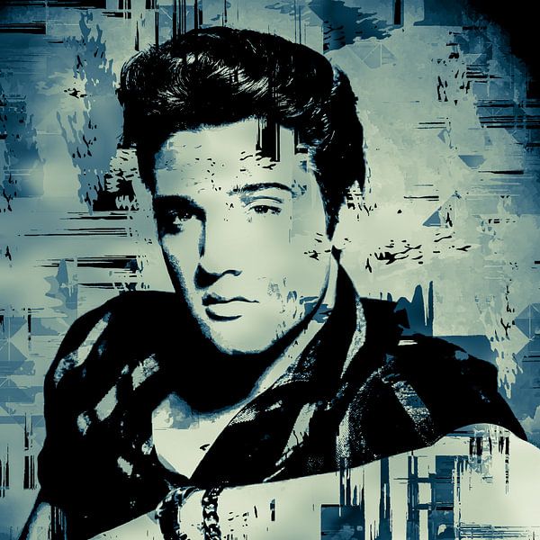 Elvis Presley Abstraktes Pop-Art-Portrait in Blau-Grau von Art By Dominic