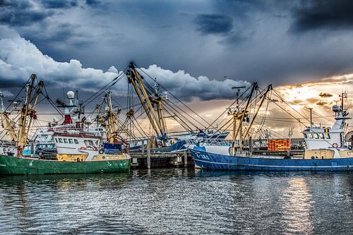 Vissersboten in de haven van Harlingen en in het avondlicht