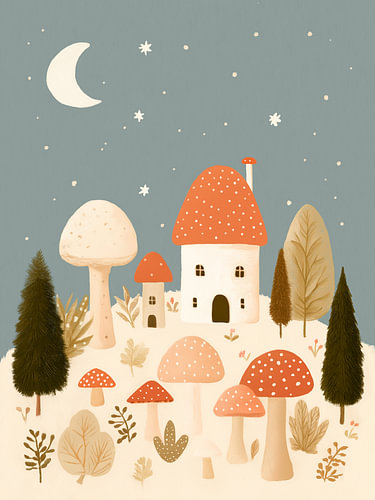 Cosy Mushroom Village at Night – Whimsical Nursery Art