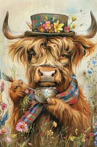 Tee mit Stil - schottische Highlander in floraler Pracht
