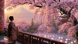 Geisha in Japan at sunset over Mount Fuji by Egon Zitter