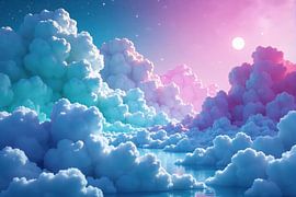 Pastelwolkenlandschap met maan en reflecterend water