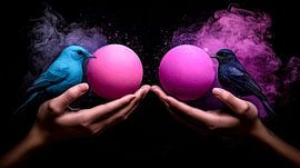 Kosmische dialoog in roze en blauw van Klaus Tesching - Art-AI