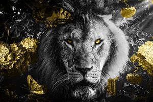 Löwenkopf in schwarz und weiß und gold