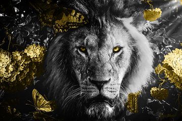 Lion portrait in black & white and gold van Helga Blanke