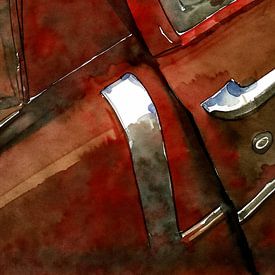 Watercolour painting of a rusty old red car found in a junkyard by Alice Berkien-van Mil