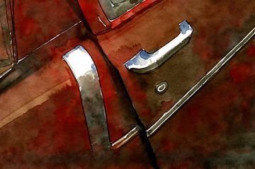 Waterverfschilderij van een portier van een oude roestige rode auto, gevonden op een autokerkhof.