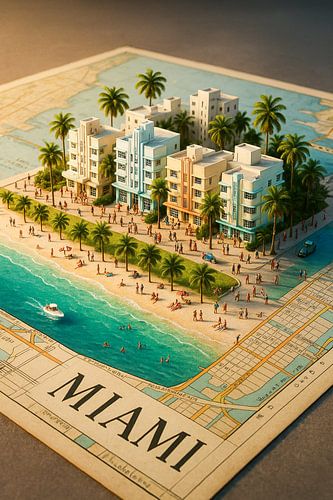 Miami Art Deco 3D-kaartdiorama | South Beach miniatuurprint