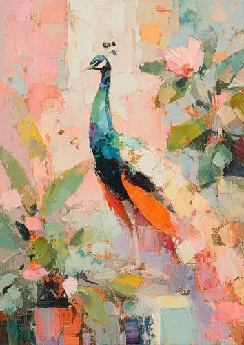 Pauw in een abstracte tuin