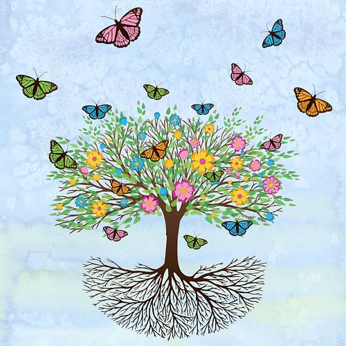 Tree of life with butterflies and flowers