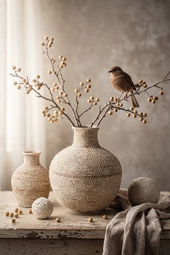 Aardetinten en takjes – landelijk stilleven met vogel en kruik