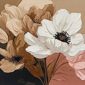 Ein Blumenporträt in sanftem Braun, Weiß und Rosa auf braun-rosa Hintergrund. von J.a Dijkstra