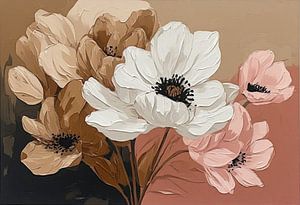 Ein Blumenporträt in sanftem Braun, Weiß und Rosa auf braun-rosa Hintergrund.