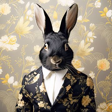 Porträt von Herrn Kaninchen im schwarzen Blumenkostüm von Vlindertuin Art