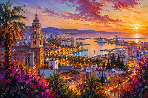 Painting of Málaga at night – A beautiful city in Spain.