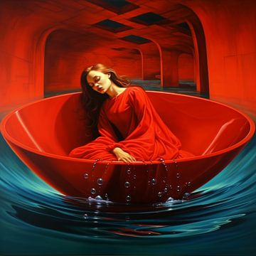 Surrealisme portret vrouw slapend rode jurk bad van gm_designs