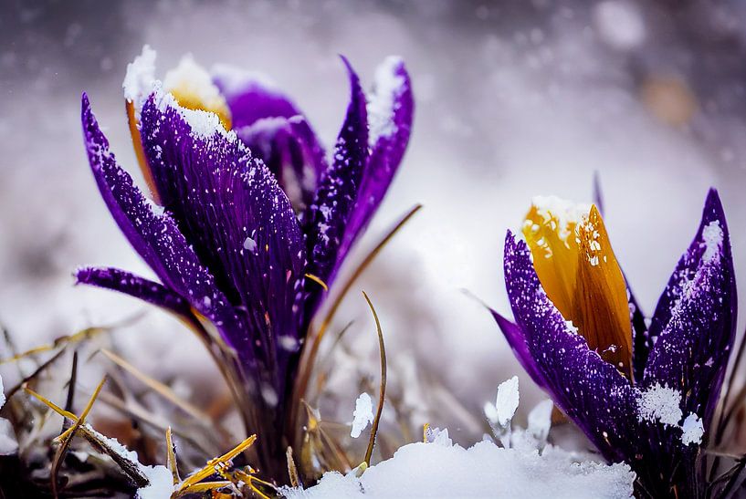 Krokussen in de sneeuw, Art Illustration 04 van Animaflora PicsStock