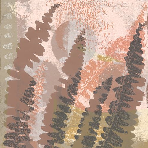 Varensbladeren in bruin, taupe, terra op koraalroze en beige. Moderne botanische kunst.