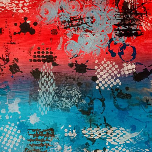 Abstract schilderij, rood, blauw en wit