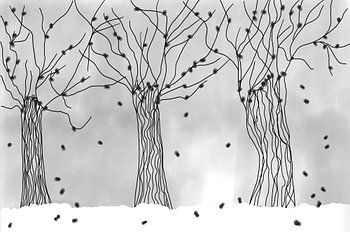 Lijntekening kunstwerk KNOTWILGEN IN DE SNEEUW in zwartwit