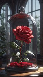 Red rose under glass bell jar by Maud De Vries
