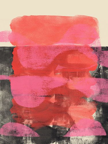 Abstract schilderij in neonroze, rood, oranje, zwart en wit van Abstract Minimalist Art