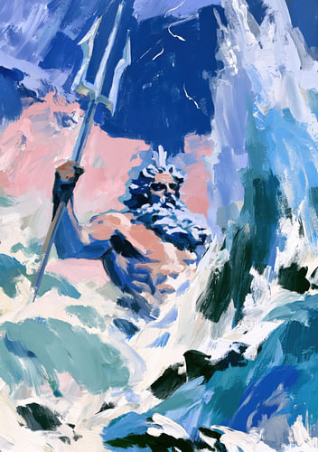 Mural of Neptune with a trident in stormy seas