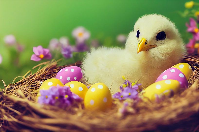 Ostereier im Nest mit Küken, generative AI Art Illustration von Animaflora PicsStock