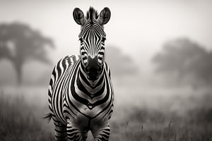 Porträt Zebra in der Savanne, Schwarz-Weiß-Fotografie