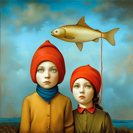Children with fish by Linda van Hagen