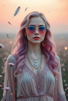 Boho Glamour - Frau mit goldener Brille und Diamanten in rosa Blumenfeld