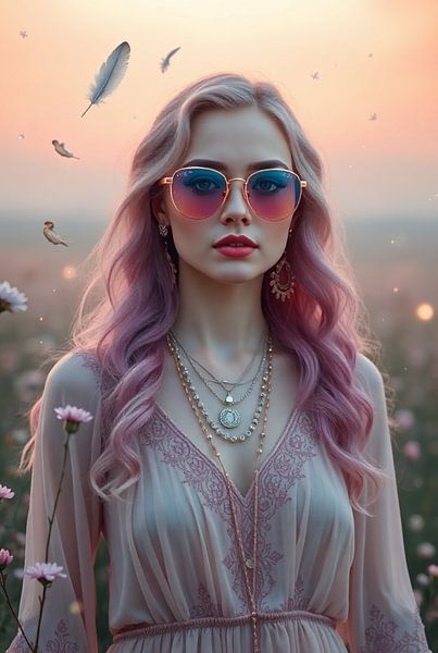 Boho Glamour - Woman with Golden Glasses and Diamonds in Pink Flower Field by Kleurenrijk