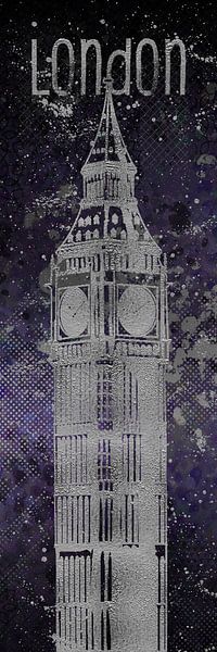 Grafische Kunst LONDEN de Big Ben| ultra violet & zilver  van Melanie Viola