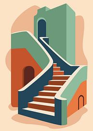 Affiche illustrée au style minimaliste, représentant des escaliers architecturaux abstraits et colorés, agrémentés d'arcs, dans un style bohème.