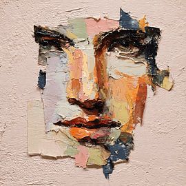 Surreales, fragmentiertes Gesicht, schwebend in sanften, abstrakten Schichten – Wandbild von Aden Pink Studio