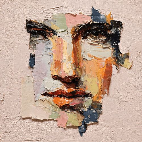 Tableau mural représentant un visage surréaliste fragmenté flottant dans des couches abstraites et douces