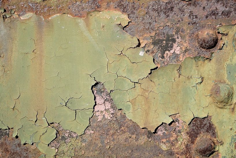 flaking weathered green paint on rusty metal by Heiko Kueverling