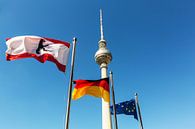 Fernsehturm Berlin mit Berliner-, Deutschland- und EU-Flagge von Frank Herrmann Miniaturansicht