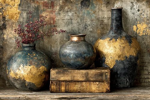 Gouden Vazen Stilleven - Warme Wanddecoratie van Joriali Fine Art