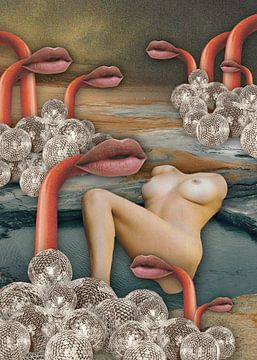 Surrealistisch landschap met verzonken vrouwenlichaam, glinsterende bollen en rode buizen met lippen, mond wachters