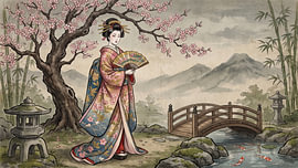 Flüstern des Frühlings: Eine anmutige Geisha unter blühenden Bäumen in stiller Ruhe von my pixel art