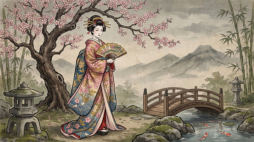 Whispers of Spring: A Graceful Geisha Beneath Blossoms in Tranquility