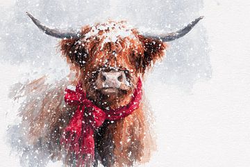 Hooglander in Winteraquarel Met Rode Sjaal en Sneeuwvlokken van Eva Lee