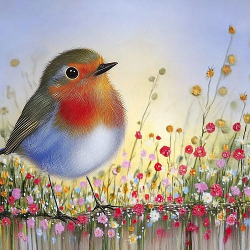 Rotkehlchen in einer Blumenwiese