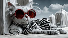 Beach Diva Cat in Stripes by KRAB
