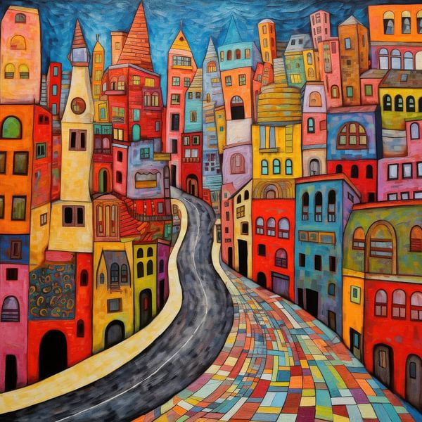 Colourful city with winding path by Natasja Haandrikman