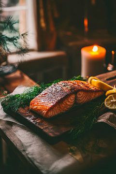 Salmon fillet decorated with lemon and candle by Poster Art Shop