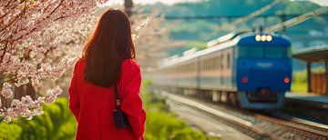 Vrouw wachtend op perron met trein van Poster Art Shop